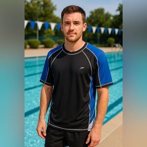 XL Speedo Shirt UV Block Burn Black Blue White Short Sleeve